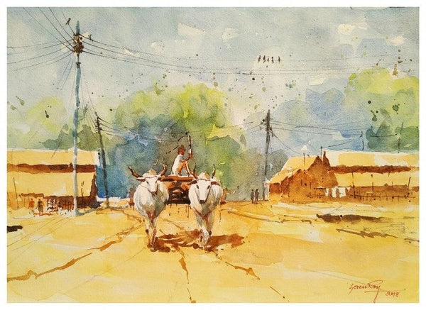 Bullock Cart Painting by Soven Roy | ArtZolo.com