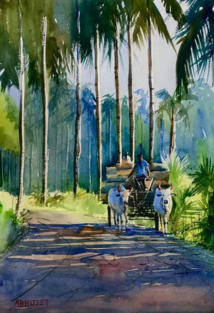 Landscape watercolor painting titled 'Bullock Cart', 20x14 inches, by artist Abhijeet Bahadure on Paper