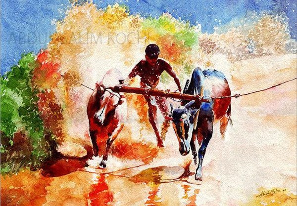 Bullock Race Painting by Abdul Salim | ArtZolo.com