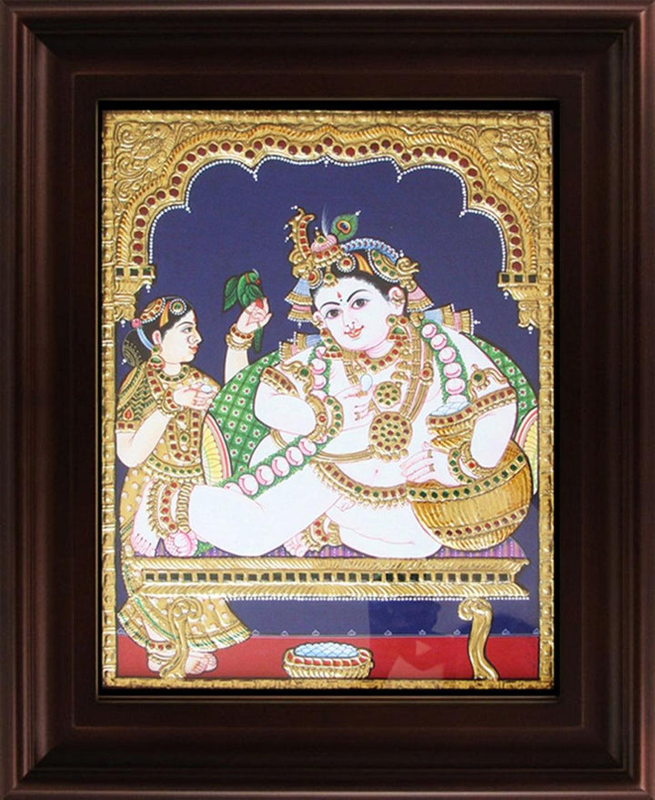 Butter Krishna Tanjore Painting Traditional Art by Myangadi | ArtZolo.com