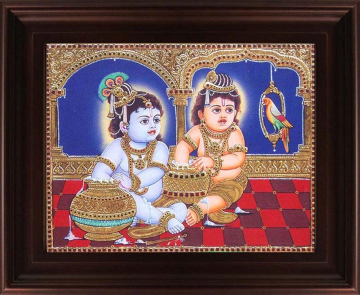 Butter Krishna With Balaram Tanjore Traditional Art by Myangadi | ArtZolo.com