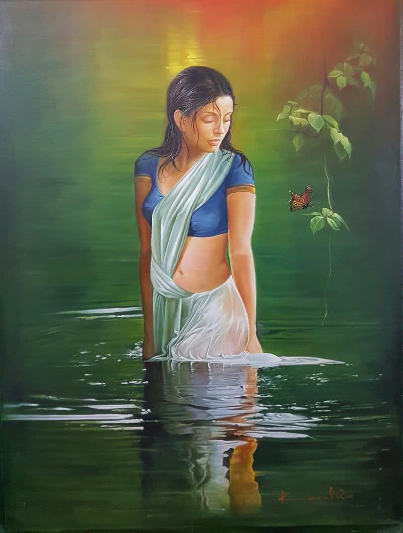 Figurative oil painting titled 'Butterfly', 36x48 inches, by artist Kamal Rao on Canvas
