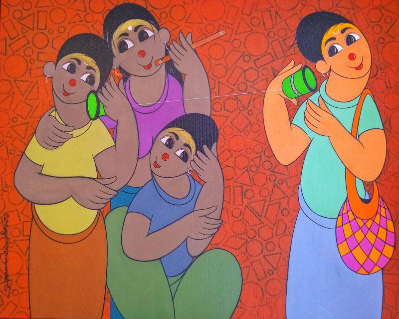 Figurative acrylic painting titled 'CHILDHOOD FUN', 24x30 inches, by artist Dnyaneshwar Bembade on CANVAS