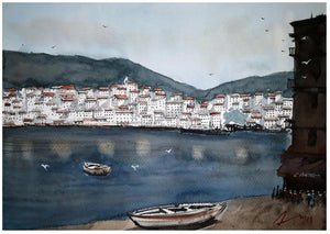 Cadaques Spain (Mediterranean Twilight) by Arunava Ray, Original Watercolor Cityscape Painting on Paper, X-Small Horizontal Wall Art