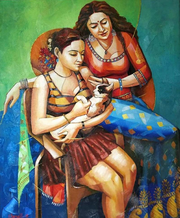 Cat With Girl Painting by Tamali Das | ArtZolo.com