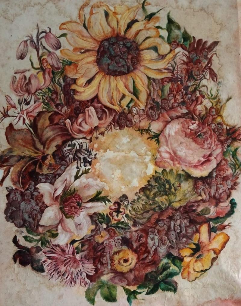 Figurative mixed media painting titled 'Celebration', 36x30 inches, by artist Raka Panda on Canvas