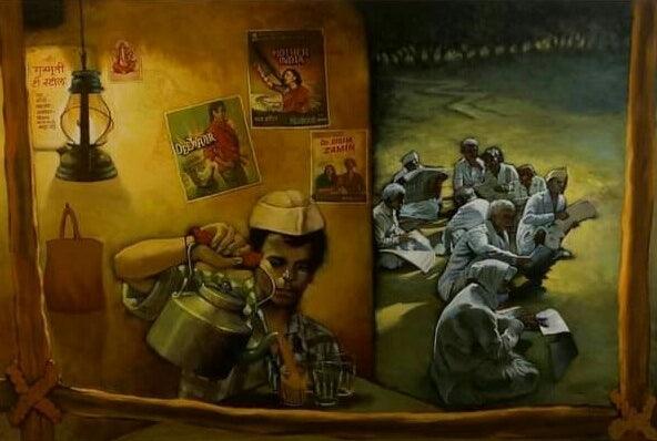 Figurative acrylic painting titled 'Chaiwala Series 2', 48x72 inches, by artist Vijay Gille on Canvas