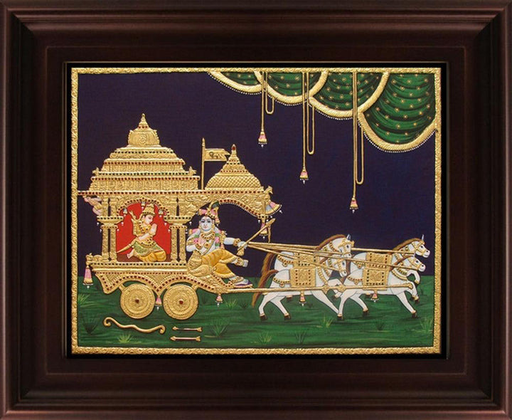 Chariot Krishna With Arjuna Tanjore Traditional Art by Myangadi | ArtZolo.com