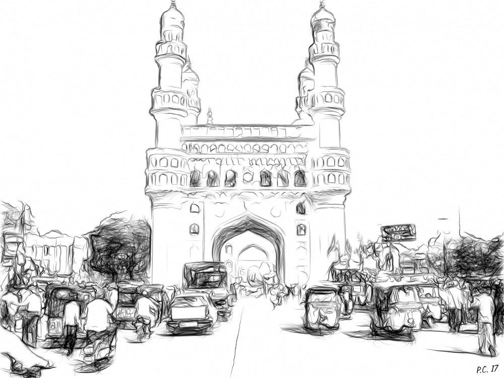 Cityscape Digital Drawing digital art titled 'Charminar', 11x15 inches, by artist Pushkar Chatterjee on canvas