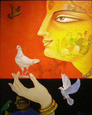 Charulata Ii (Echoes of Heritage) by Gautam Mukherjee, Original Acrylic Figurative Painting on Canvas, Medium Vertical Wall Art