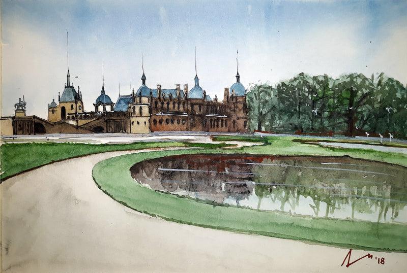 Cityscape watercolor painting titled 'Chateau De Chantilly France', 8x11 inches, by artist Arunava Ray on Paper