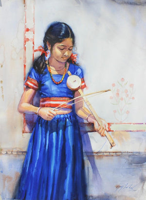Figurative watercolor painting titled 'Child Hood Fantacy 3', 36x26 inches, by artist Vijay Jadhav on Paper