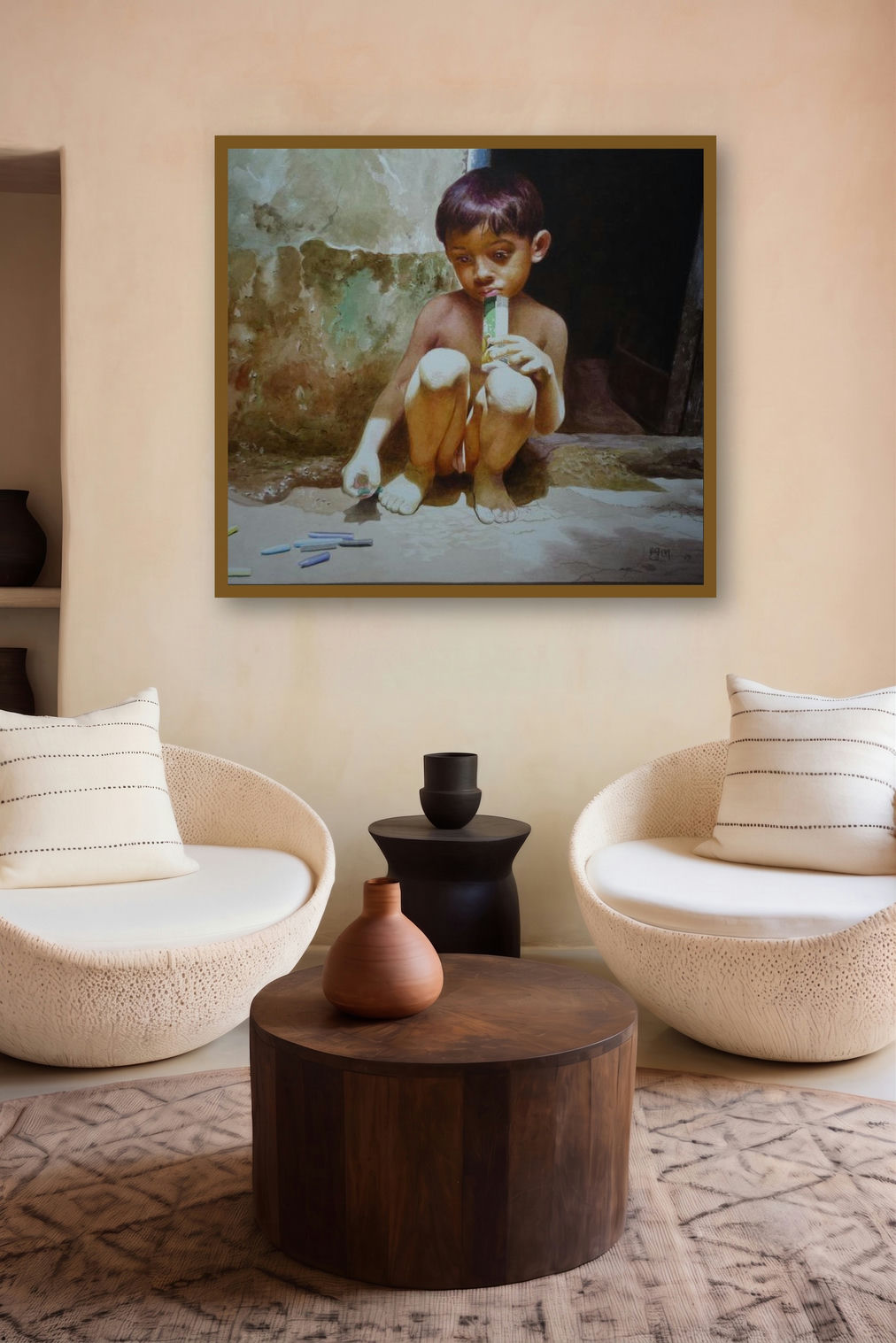 Childhood by artist Raghunath Sahoo displayed in a Minimalist gallery