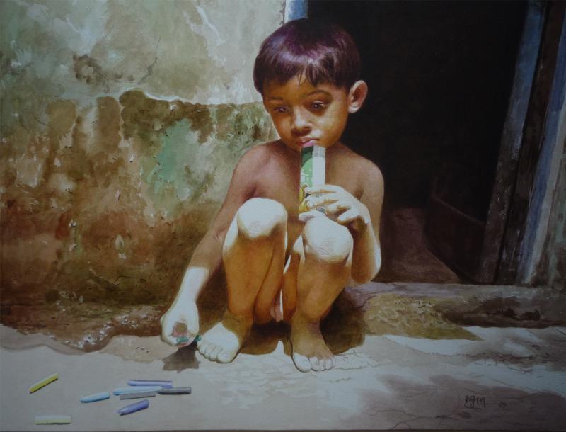 Figurative watercolor painting titled 'Childhood', 22x27 inches, by artist Raghunath Sahoo on Paper