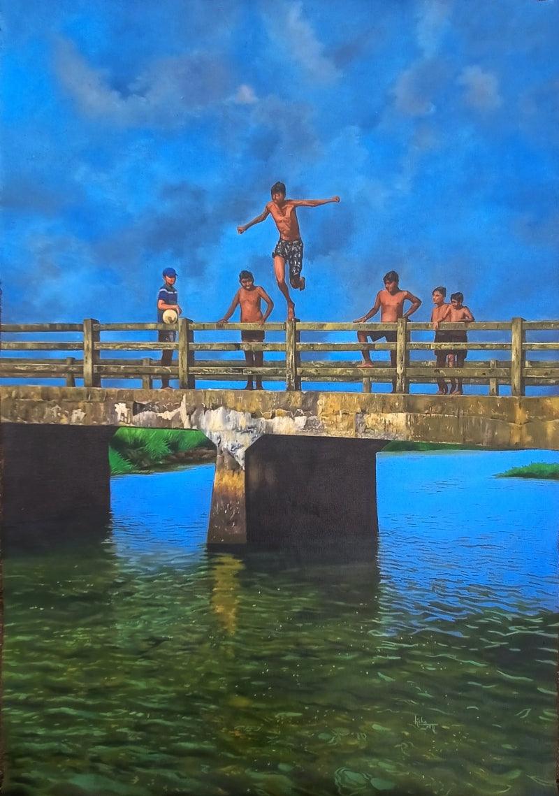 Realistic acrylic oil painting titled 'Childhood', 24x20 inches, by artist Lisha N T on Canvas