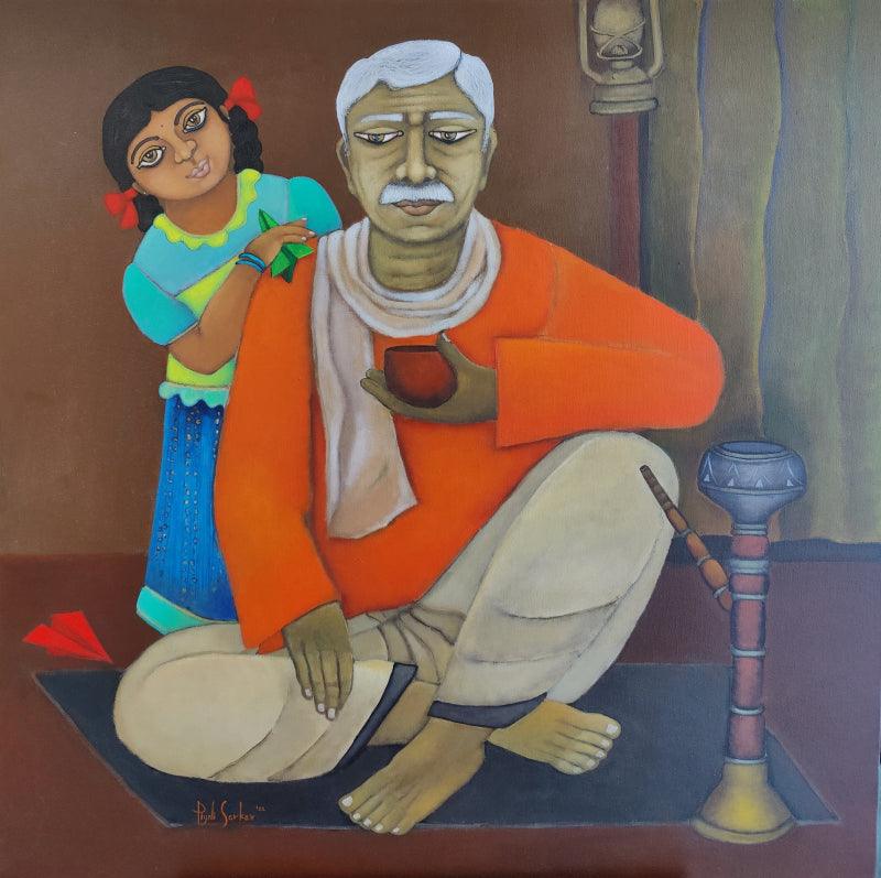 Figurative acrylic painting titled 'Childhood Memory', 36x36 inches, by artist Piyali Sarkar on Canvas