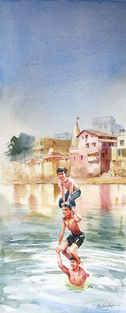 Chilling In Banganga Painting by Vikrant Shitole | ArtZolo.com