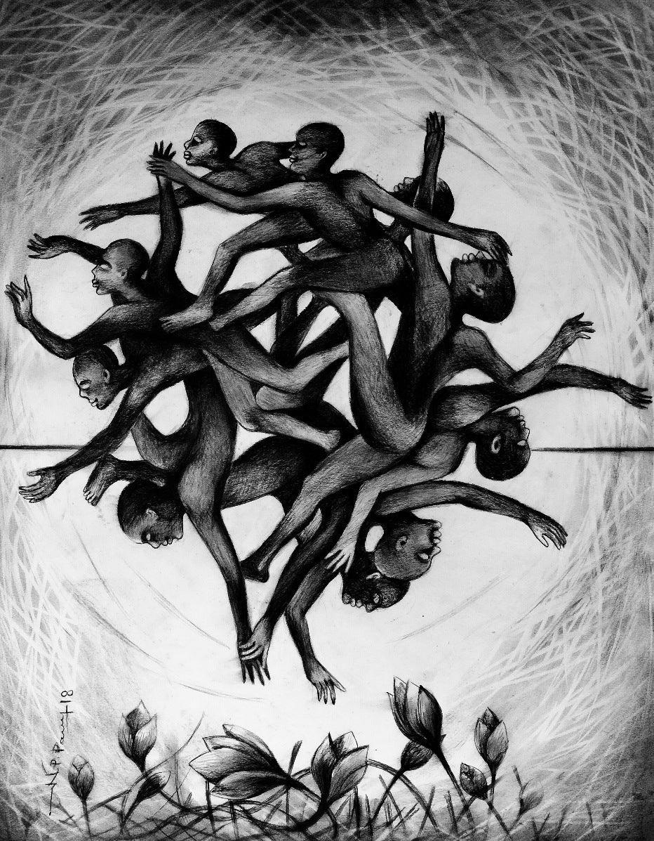 Figurative charcoal painting titled 'Circle Of Life', 27x21 inches, by artist N P Pandey on Paper