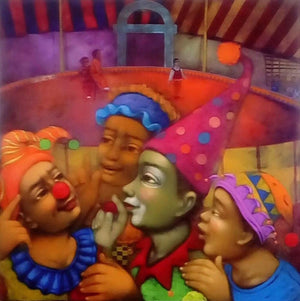 Figurative acrylic painting titled 'Circus', 36x36 inches, by artist Apet Pramod on Canvas