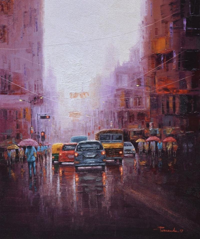 Cityscape oil painting titled 'City Life', 36x30 inches, by artist Purnendu Mandal on Canvas