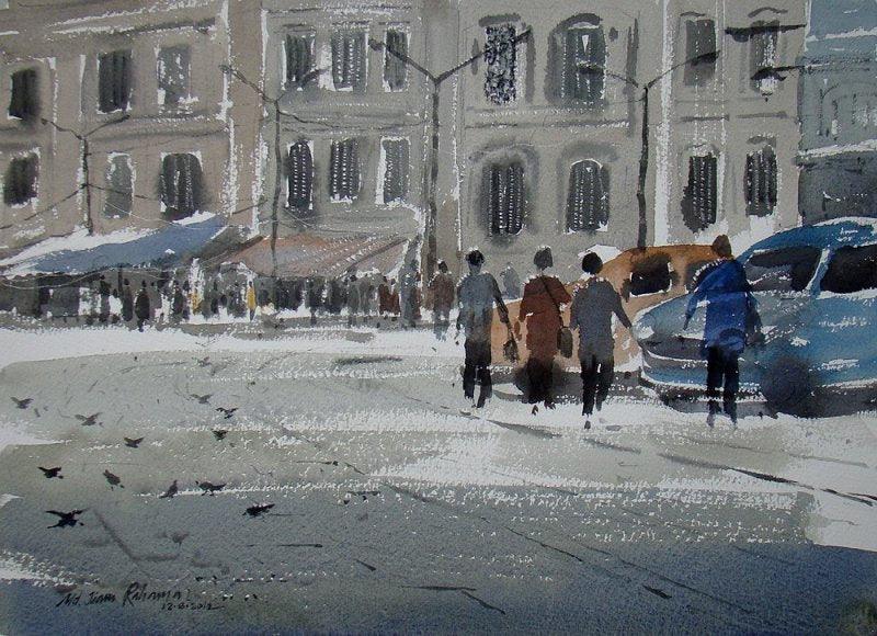 Cityscape watercolor painting titled 'City Life', 11x14 inches, by artist Jiaur Rahman on Paper