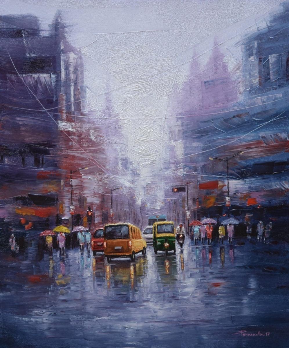 Cityscape oil painting titled 'City Life', 36x30 inches, by artist Purnendu Mandal on Canvas