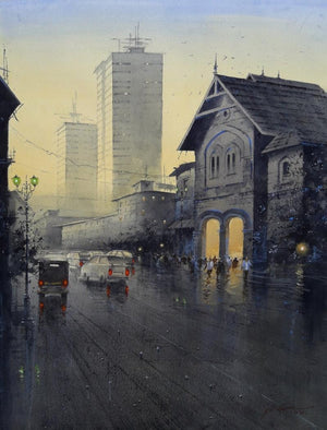 Cityscape watercolor painting titled 'City Light', 30x22 inches, by artist Atul Gendle on Paper