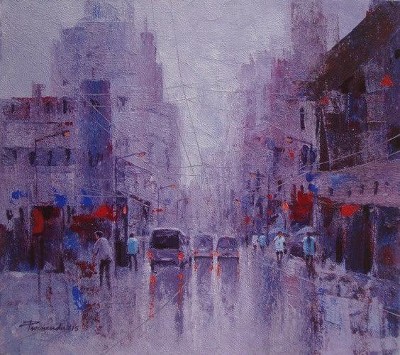 Cityscape acrylic painting titled 'CityScape', 16x18 inches, by artist Purnendu Mandal on Canvas