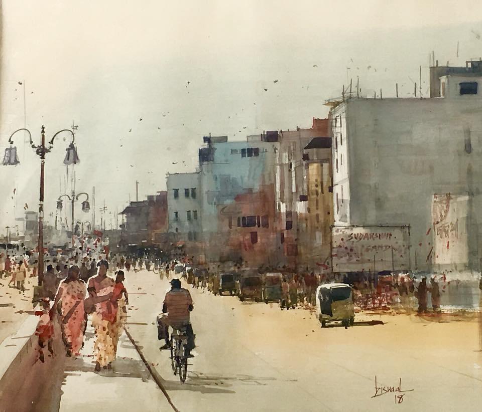 Cityscape acrylic painting titled 'Cityscape 1', 18x25 inches, by artist Bijay Biswaal on Canvas