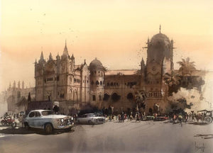Cityscape watercolor painting titled 'Cityscape 1', 22x30 inches, by artist Bijay Biswaal on Paper