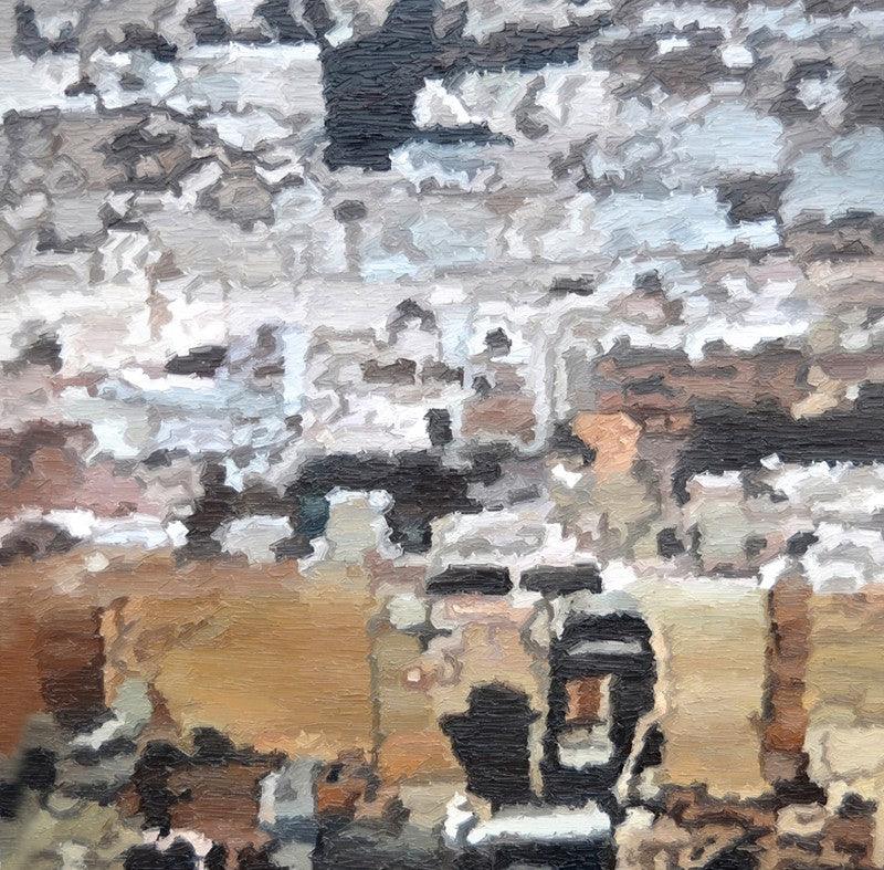 Cityscape oil painting titled 'Cityscape 1', 36x36 inches, by artist Ganesh Pokharkar on Canvas