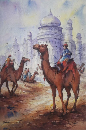 Cityscape 13 (Rajasthan Camels) by Shubhashis Mandal, Original Watercolor Cityscape Painting on Handmade Paper, Small Vertical Wall Art