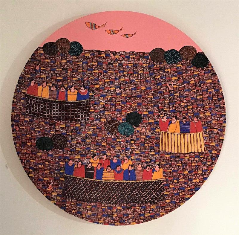 Cityscape acrylic painting titled 'Cityscape 14', 30x30 inches, by artist Rama Krishna V on Canvas