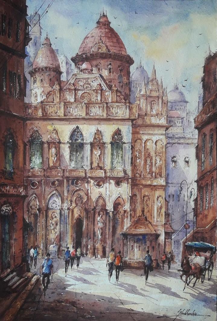 Cityscape watercolor painting titled 'Cityscape 14', 22x15 inches, by artist SHUBHASHIS MANDAL on Handmade Paper