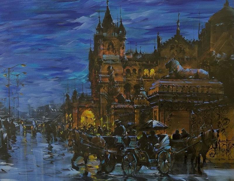 Cityscape acrylic painting titled 'Cityscape 2', 36x60 inches, by artist Sandeep Chhatraband on Canvas