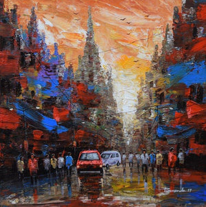 Cityscape acrylic painting titled 'Cityscape 2', 18x18 inches, by artist Purnendu Mandal on Canvas
