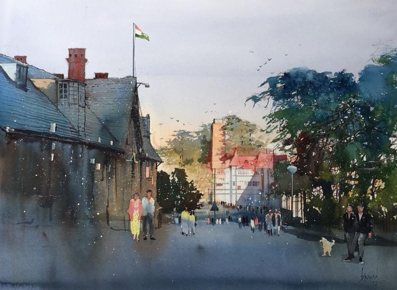 Cityscape watercolor painting titled 'Cityscape 2', 22x30 inches, by artist Bijay Biswaal on Paper