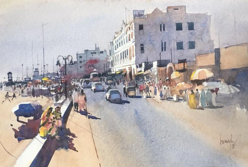 Cityscape watercolor painting titled 'Cityscape 3', 22x30 inches, by artist Bijay Biswaal on Paper