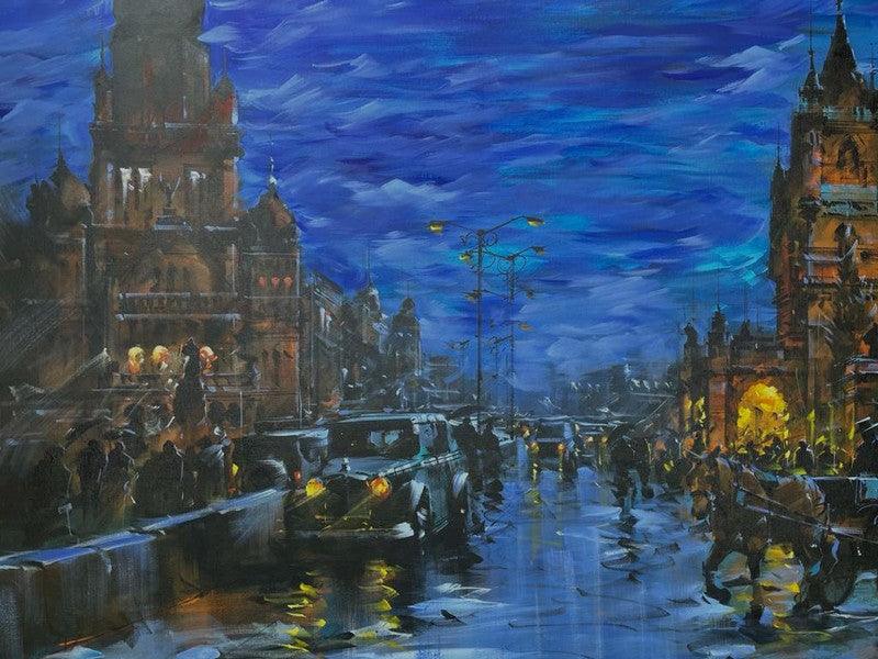 Cityscape acrylic painting titled 'Cityscape 3', 36x60 inches, by artist Sandeep Chhatraband on Canvas
