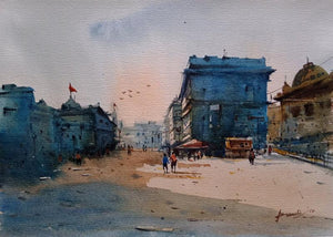 Cityscape watercolor painting titled 'Cityscape 4', 17x12 inches, by artist Prasanta Maiti on Paper