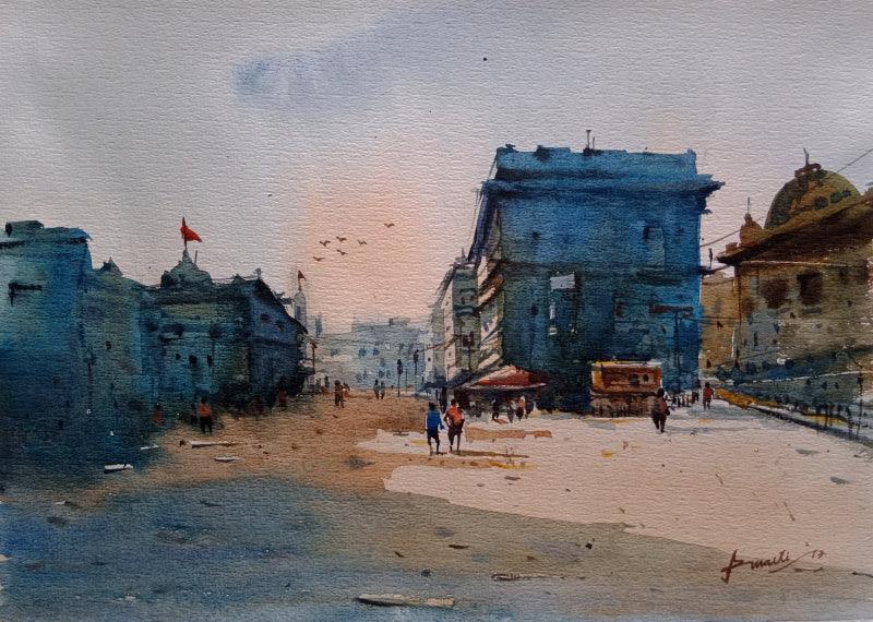 Cityscape watercolor painting titled 'Cityscape 4', 17x12 inches, by artist Prasanta Maiti on Paper