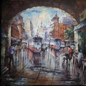 Cityscape watercolor painting titled 'Cityscape 4', 22x22 inches, by artist SHUBHASHIS MANDAL on Handmade Paper