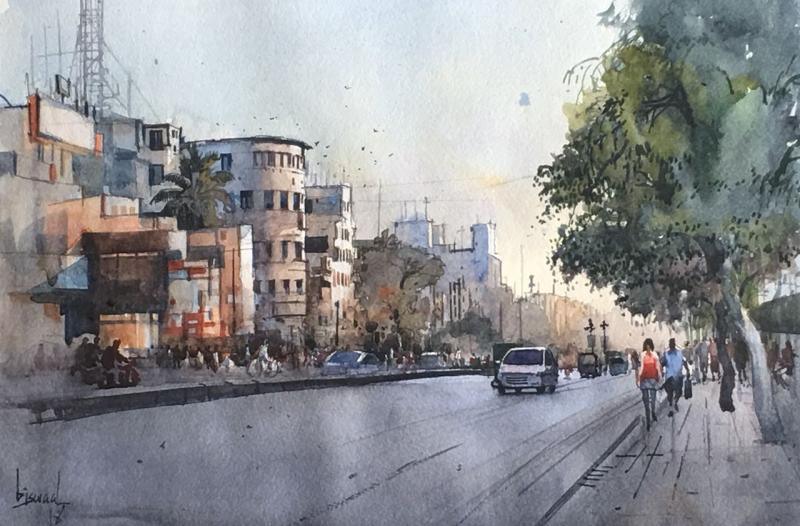 Cityscape watercolor painting titled 'Cityscape 5', 11x16 inches, by artist Bijay Biswaal on Paper
