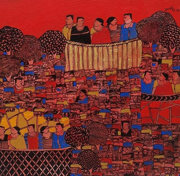 Cityscape acrylic painting titled 'Cityscape 5', 20x20 inches, by artist Rama Krishna V on Canvas