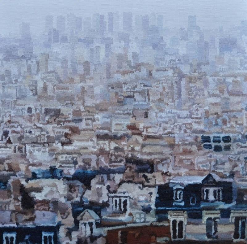 Cityscape oil painting titled 'Cityscape 5', 60x60 inches, by artist Ganesh Pokharkar on Canvas
