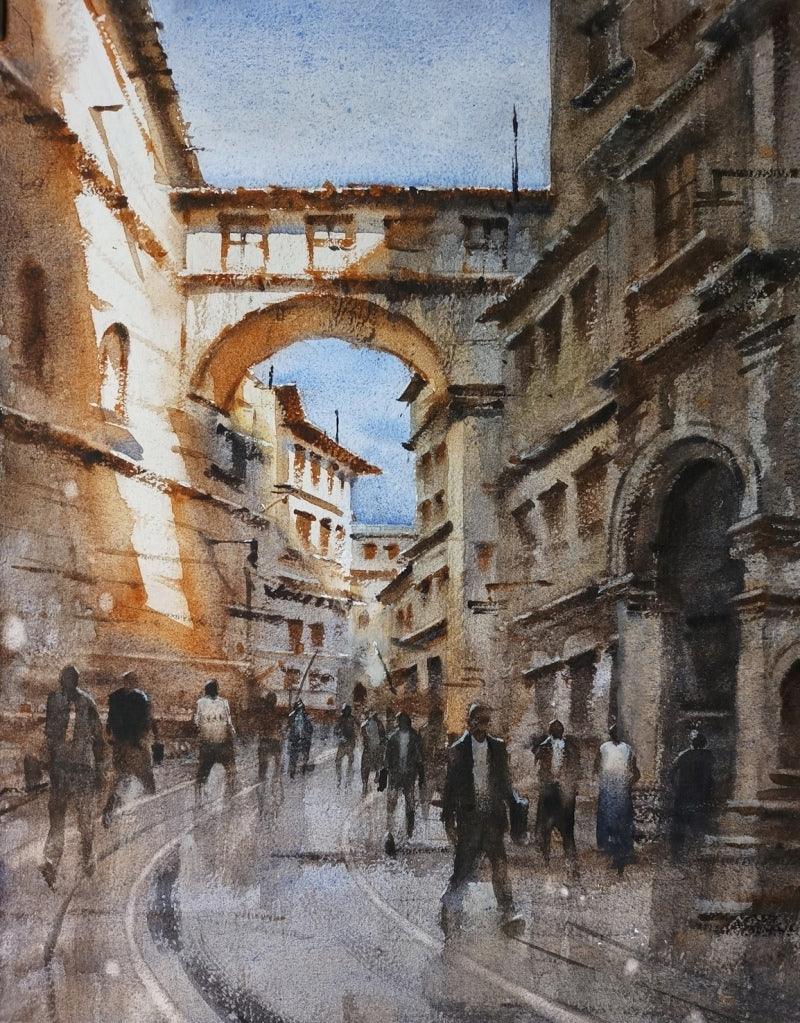 Cityscape watercolor painting titled 'Cityscape 5', 15x11 inches, by artist Siddharth Gavade on Paper