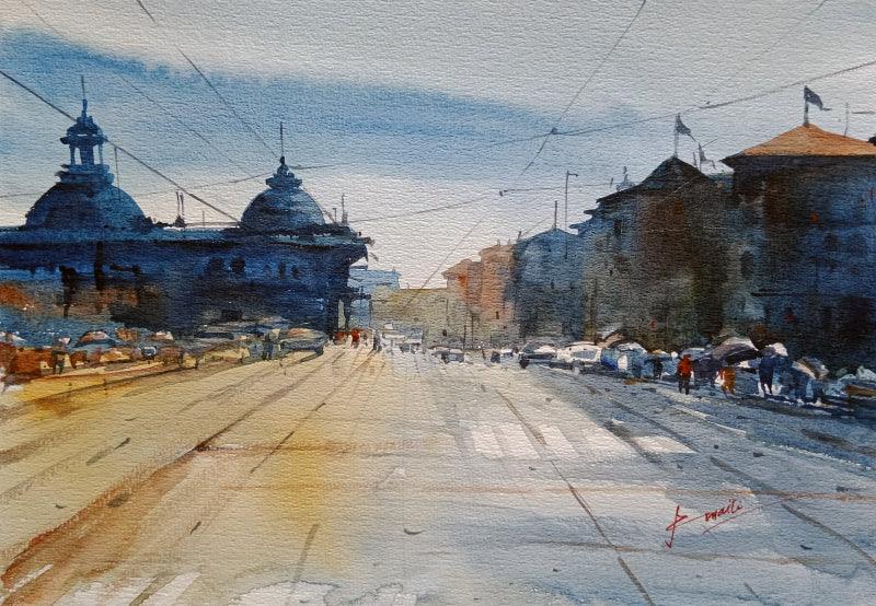Cityscape watercolor painting titled 'Cityscape 5', 17x12 inches, by artist Prasanta Maiti on Paper