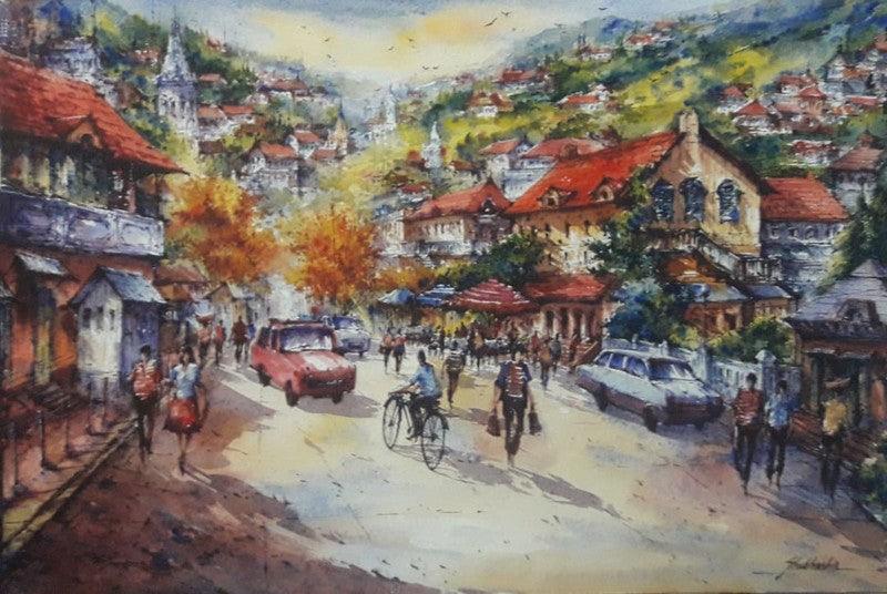 Cityscape watercolor painting titled 'Cityscape 5', 15x22 inches, by artist SHUBHASHIS MANDAL on Handmade Paper