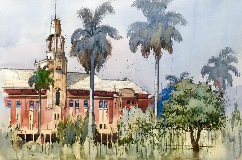 Cityscape watercolor painting titled 'Cityscape 6', 11x16 inches, by artist Bijay Biswaal on Paper