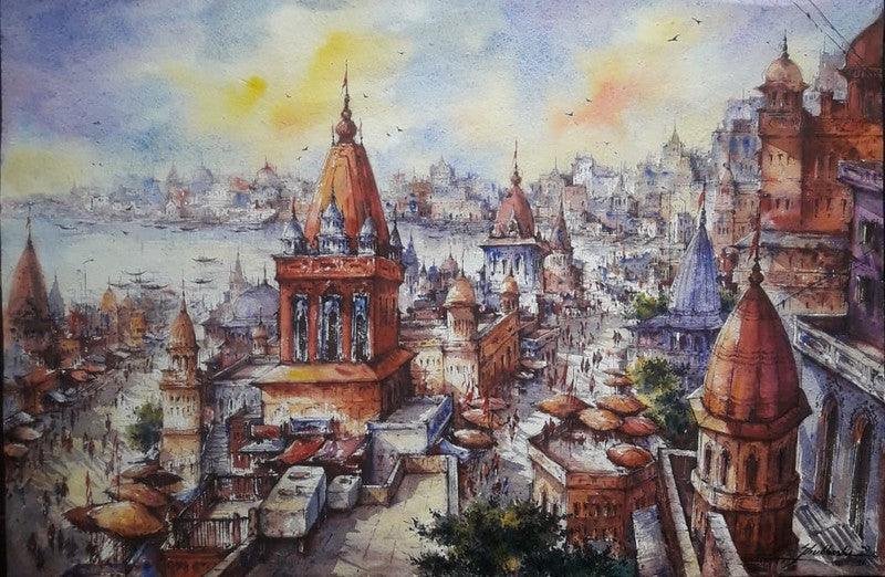Cityscape watercolor painting titled 'Cityscape 7', 15x22 inches, by artist SHUBHASHIS MANDAL on Handmade Paper
